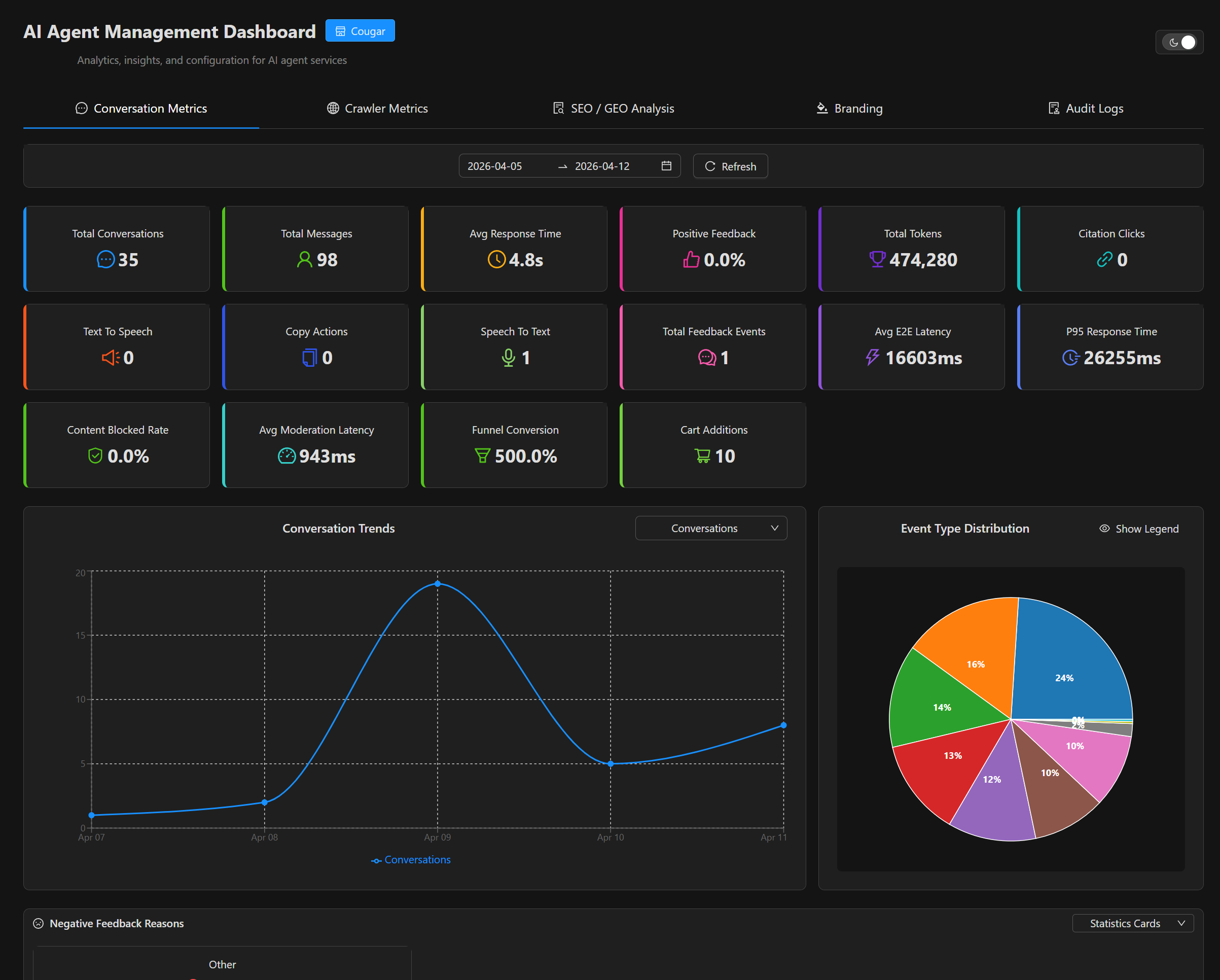 AI Agent Management Dashboard interface showing analytics and branding controls