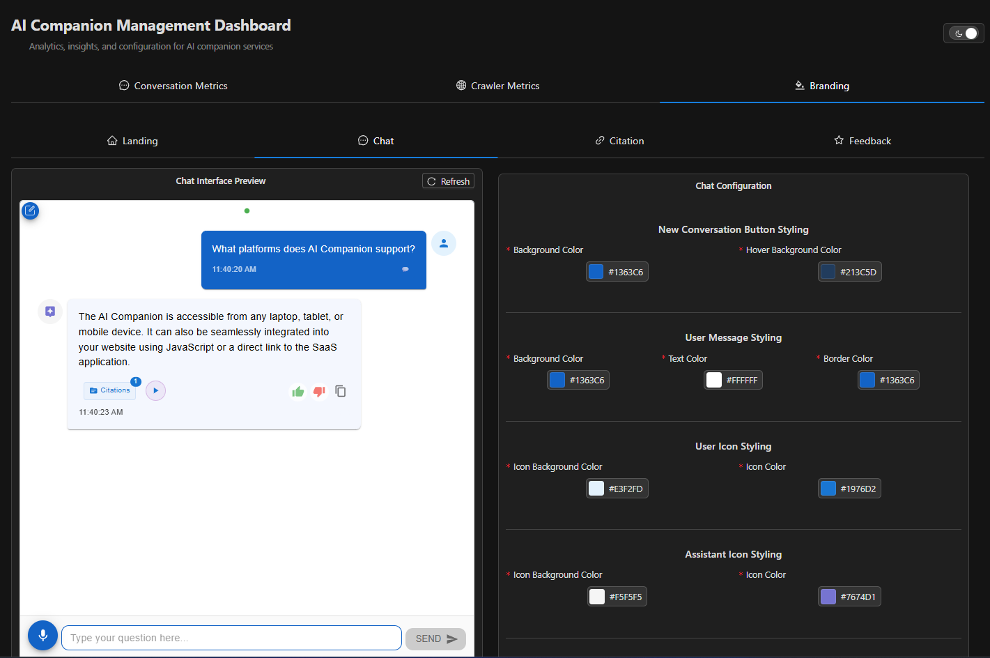 Strange Technologies AI Companion Configuration panel with theme and customization options